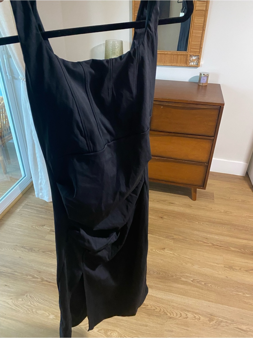 HALARA Black Midi Dress with Ruched Skirt